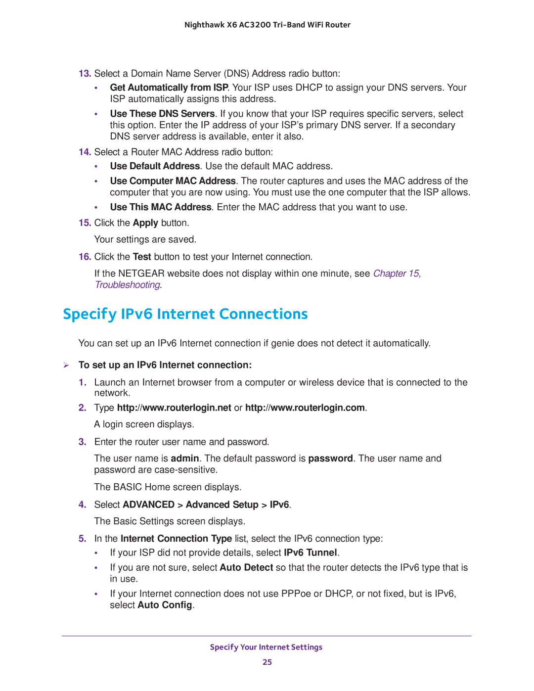 NETGEAR R8000 user manual Specify IPv6 Internet Connections,  To set up an IPv6 Internet connection 