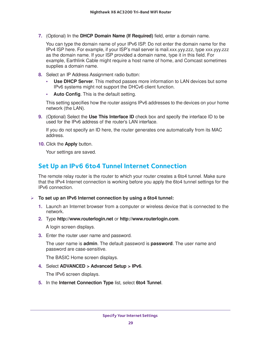 NETGEAR R8000 user manual Set Up an IPv6 6to4 Tunnel Internet Connection, Internet Connection Type list, select 6to4 Tunnel 