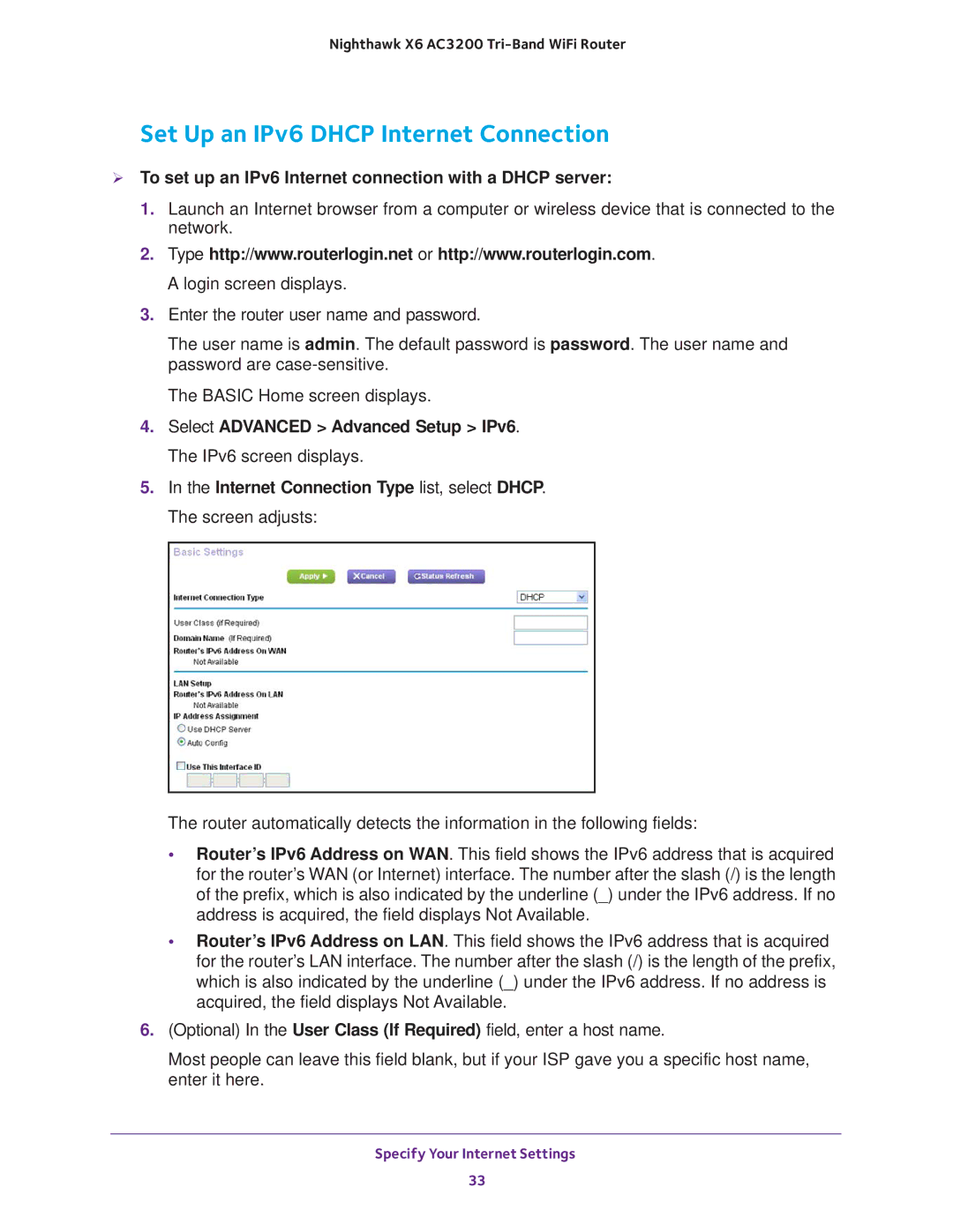 NETGEAR R8000 Set Up an IPv6 Dhcp Internet Connection,  To set up an IPv6 Internet connection with a Dhcp server 