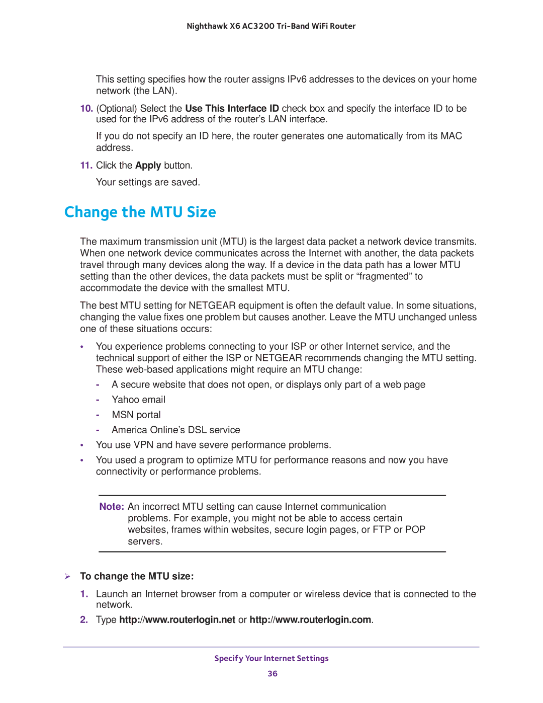 NETGEAR R8000 user manual Change the MTU Size,  To change the MTU size 