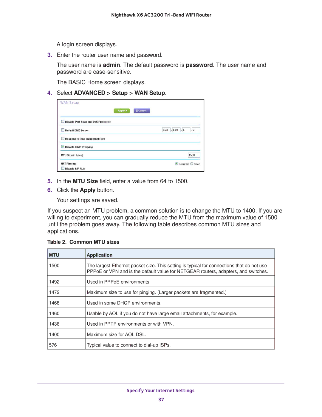 NETGEAR R8000 user manual Select Advanced Setup WAN Setup, Common MTU sizes 