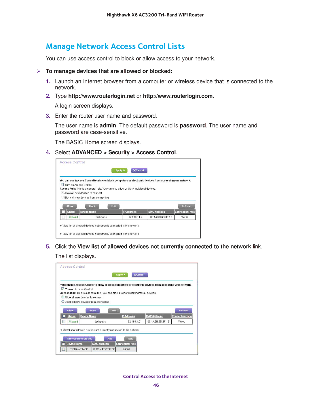 NETGEAR R8000 user manual Manage Network Access Control Lists,  To manage devices that are allowed or blocked 