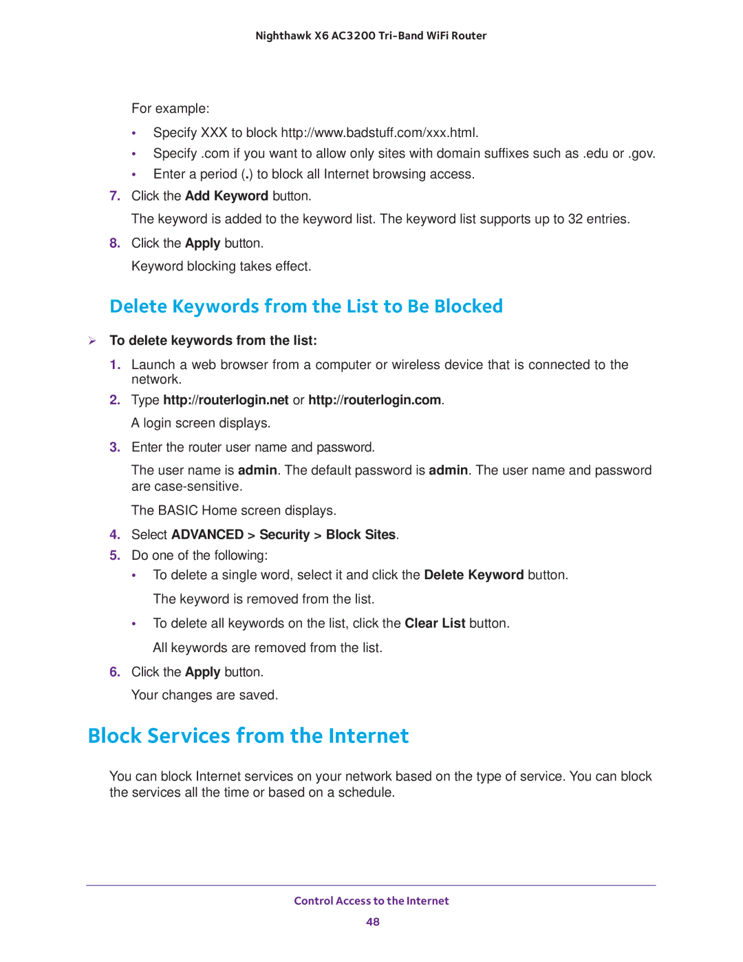 NETGEAR R8000 user manual Block Services from the Internet, Delete Keywords from the List to Be Blocked 