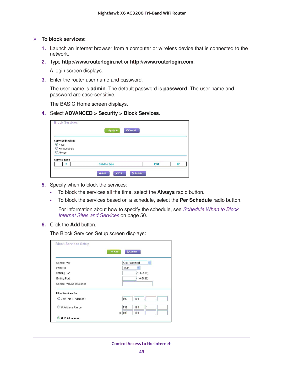 NETGEAR R8000 user manual  To block services, Select Advanced Security Block Services 