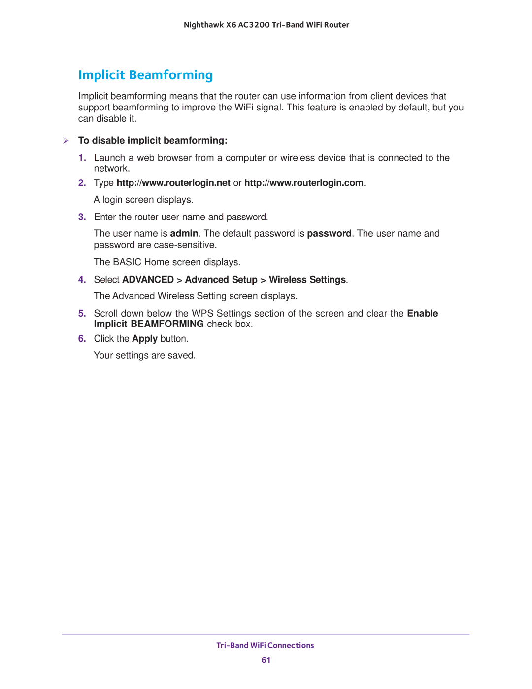 NETGEAR R8000 user manual Implicit Beamforming,  To disable implicit beamforming 