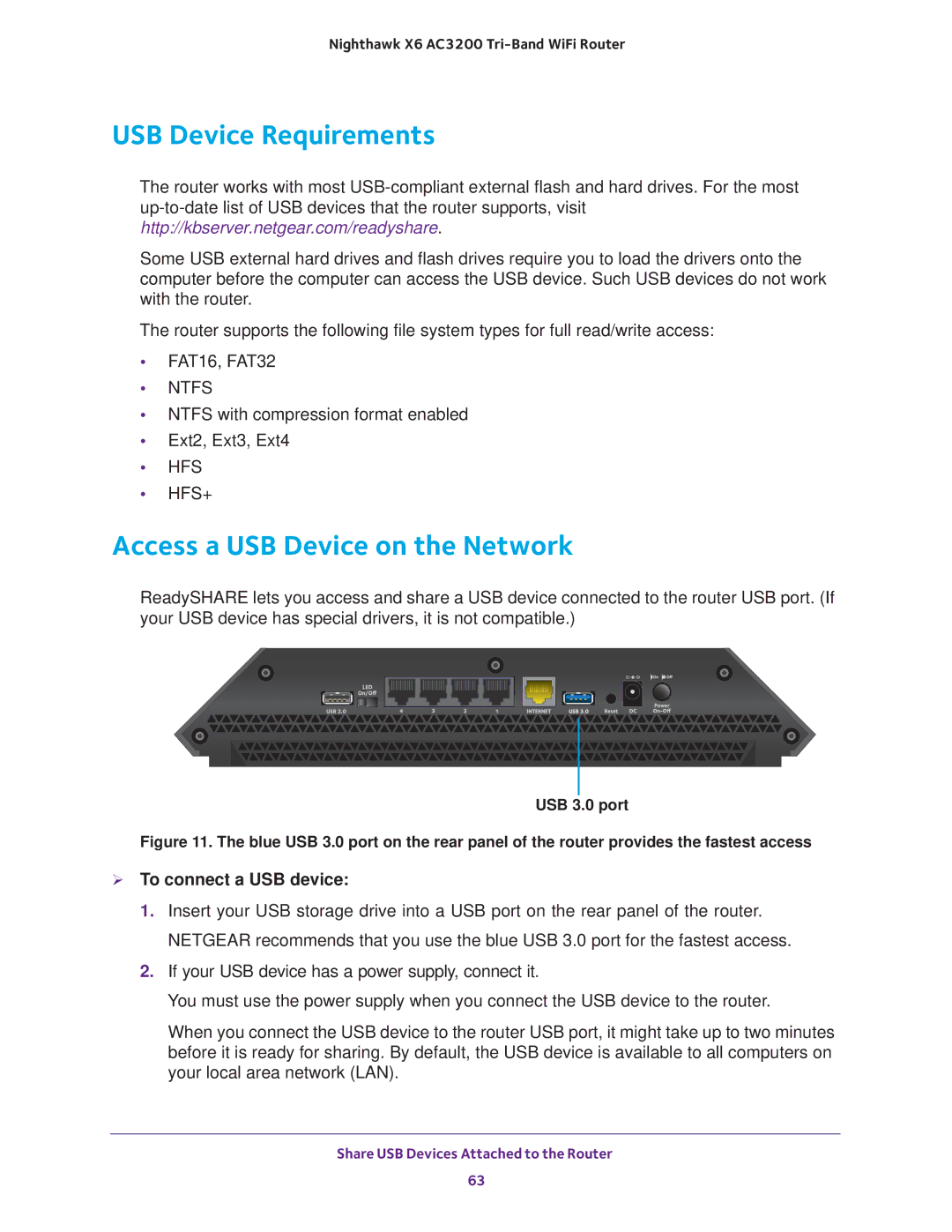 NETGEAR R8000 user manual USB Device Requirements, Access a USB Device on the Network,  To connect a USB device 