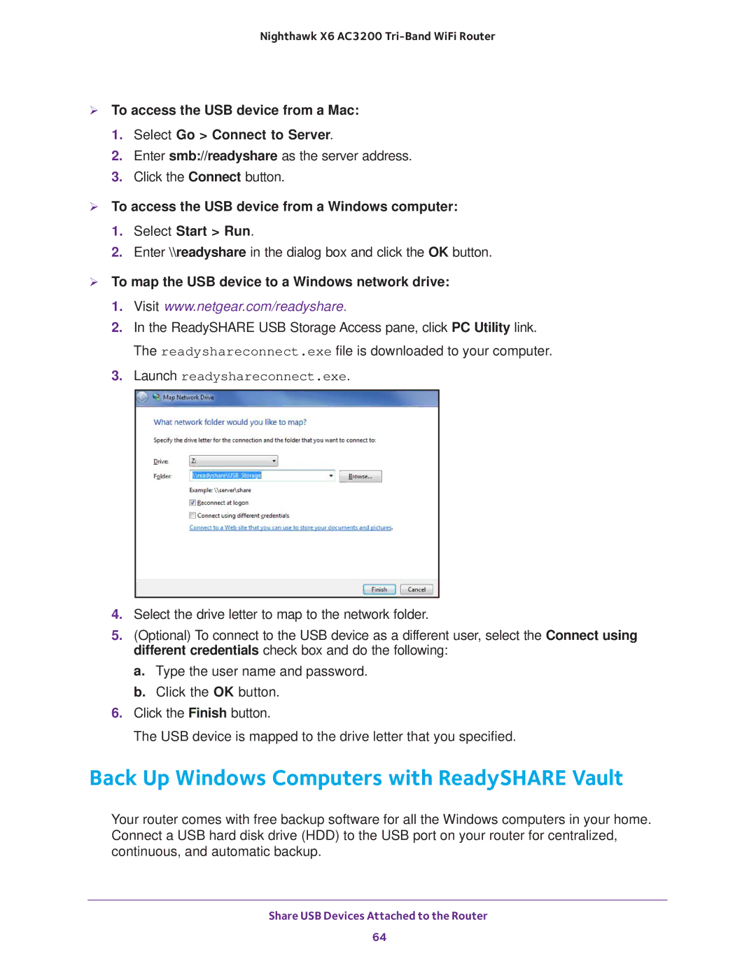 NETGEAR R8000 Back Up Windows Computers with ReadySHARE Vault,  To map the USB device to a Windows network drive 