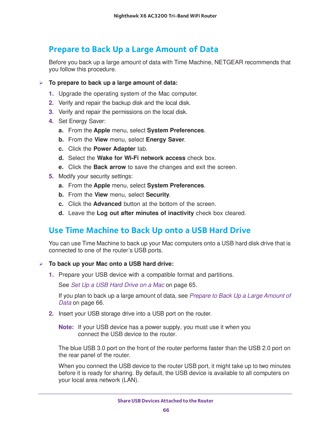 NETGEAR R8000 user manual Prepare to Back Up a Large Amount of Data, Use Time Machine to Back Up onto a USB Hard Drive 