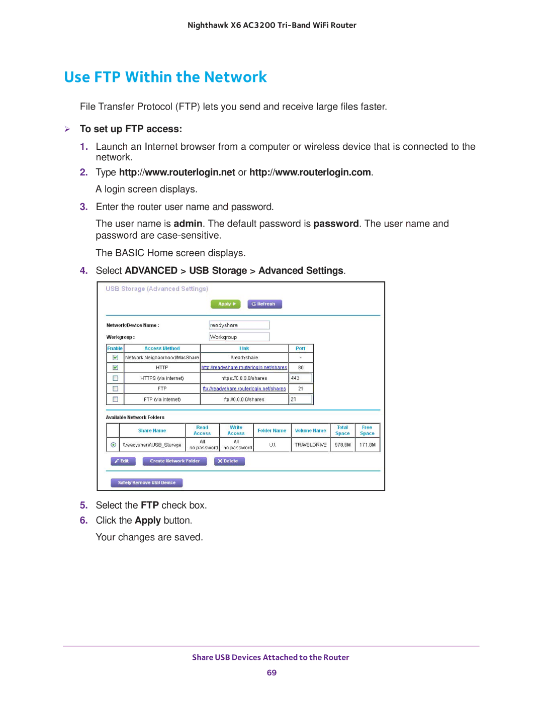 NETGEAR R8000 user manual Use FTP Within the Network,  To set up FTP access 