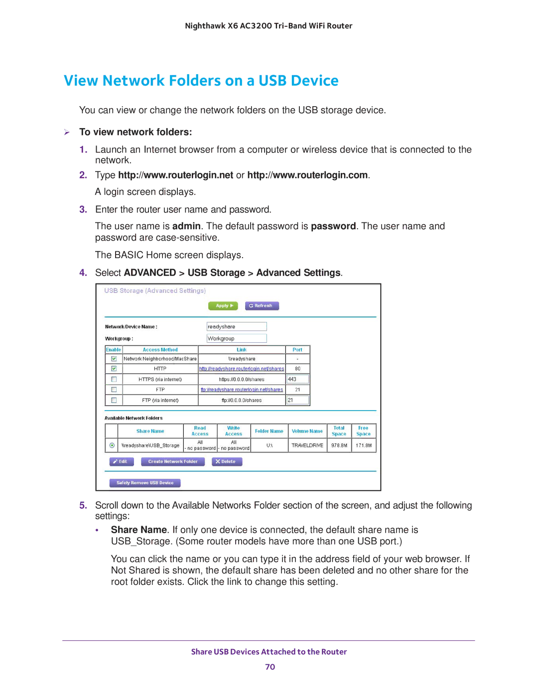 NETGEAR R8000 user manual View Network Folders on a USB Device,  To view network folders 