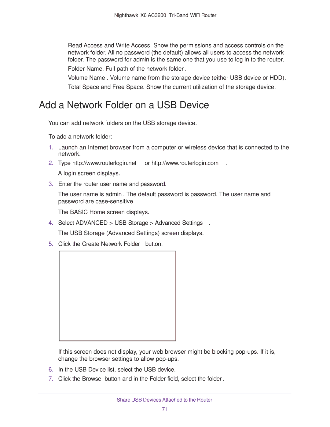 NETGEAR R8000 Add a Network Folder on a USB Device,  To add a network folder, Click the Create Network Folder button 