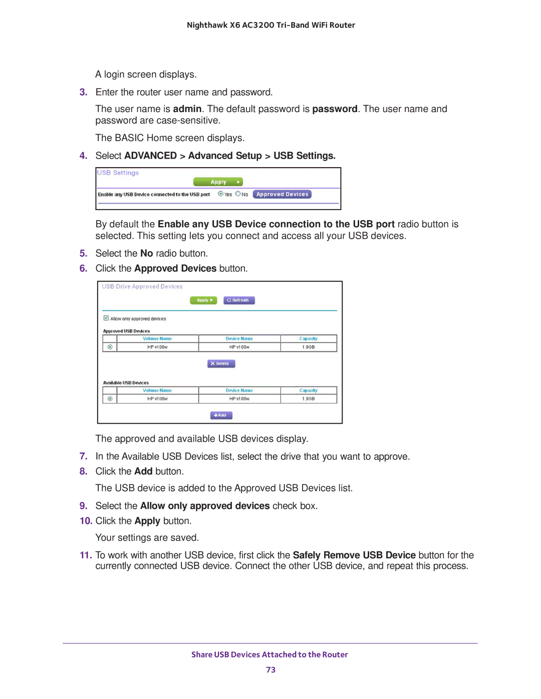 NETGEAR R8000 user manual Select Advanced Advanced Setup USB Settings, Select the Allow only approved devices check box 