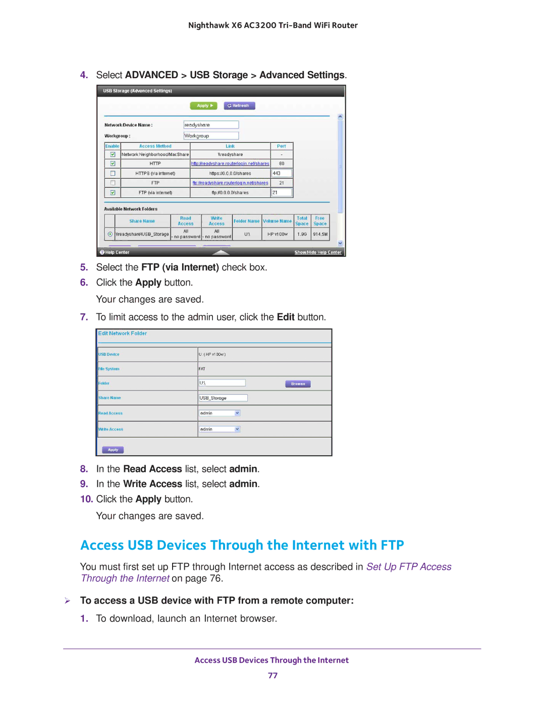 NETGEAR R8000 user manual Access USB Devices Through the Internet with FTP, Select Advanced USB Storage Advanced Settings 