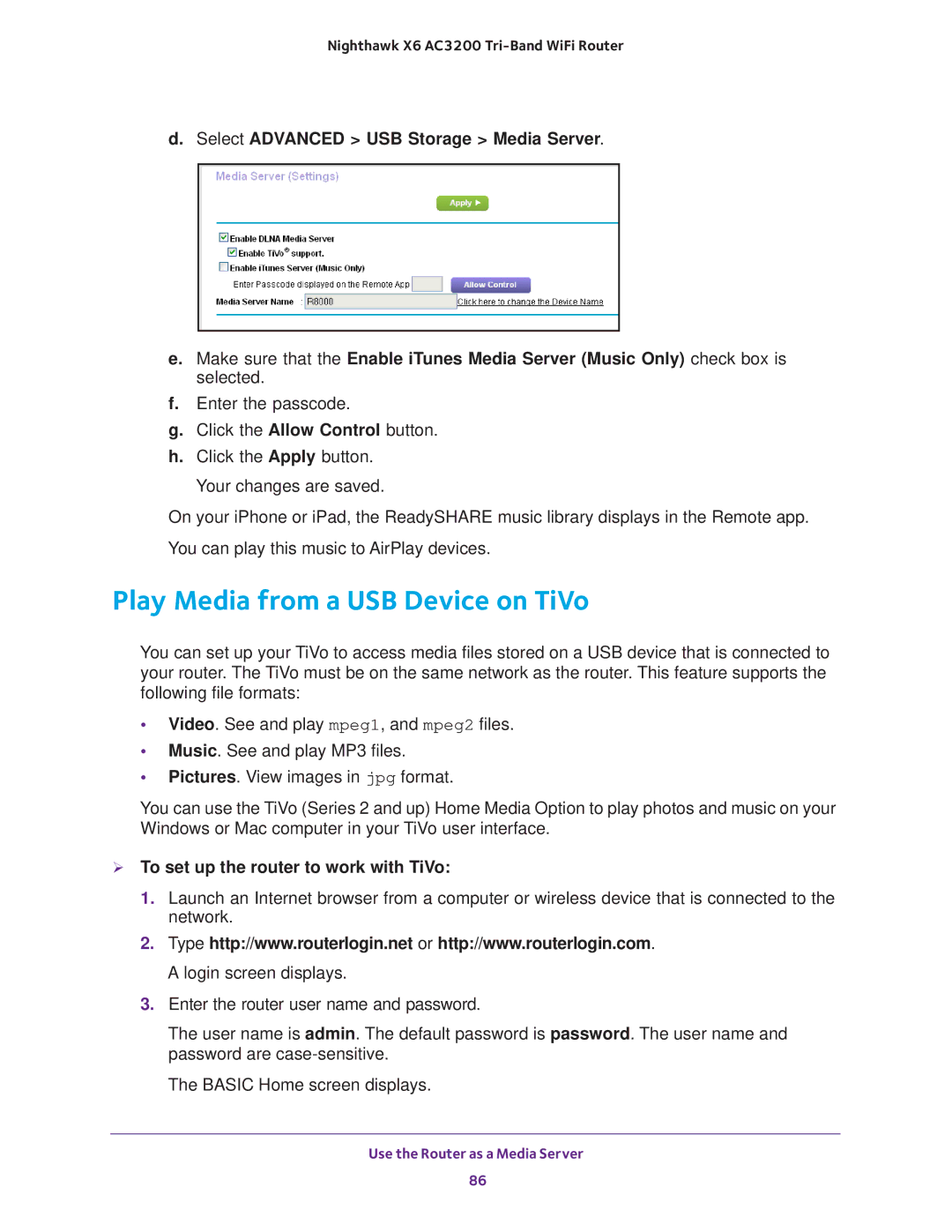 NETGEAR R8000 user manual Play Media from a USB Device on TiVo, Select Advanced USB Storage Media Server 