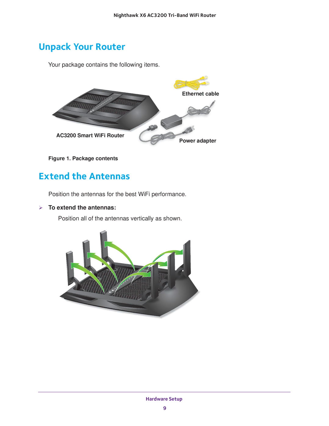 NETGEAR R8000 user manual Unpack Your Router, Extend the Antennas,  To extend the antennas 