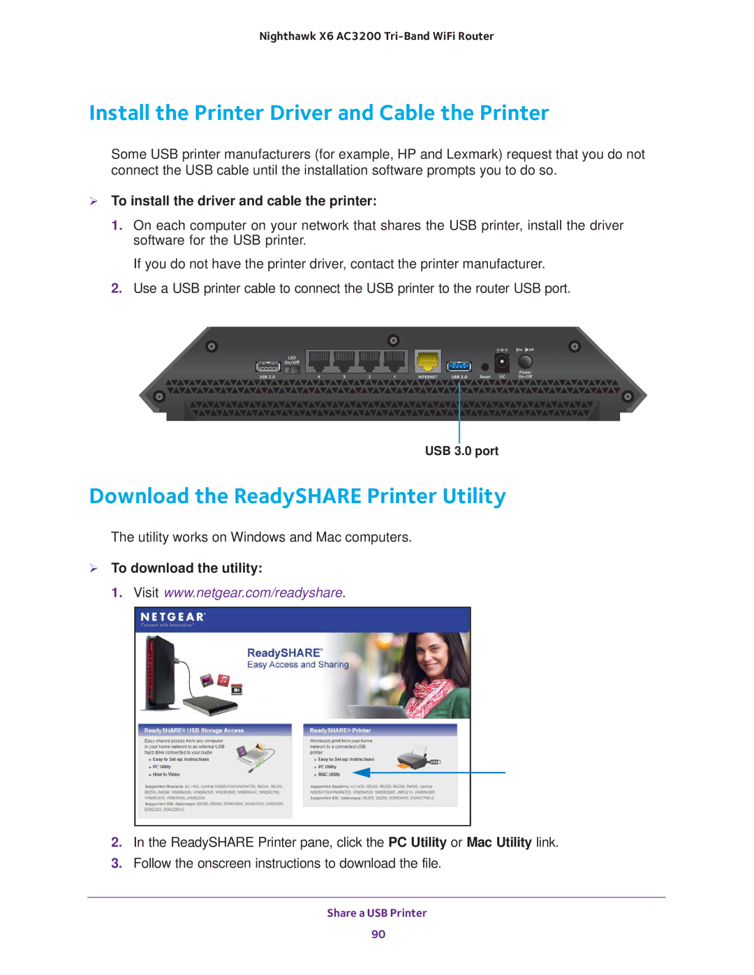 NETGEAR R8000 user manual Install the Printer Driver and Cable the Printer, Download the ReadySHARE Printer Utility 