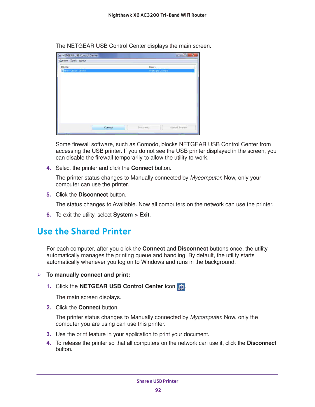 NETGEAR R8000 user manual Use the Shared Printer,  To manually connect and print 