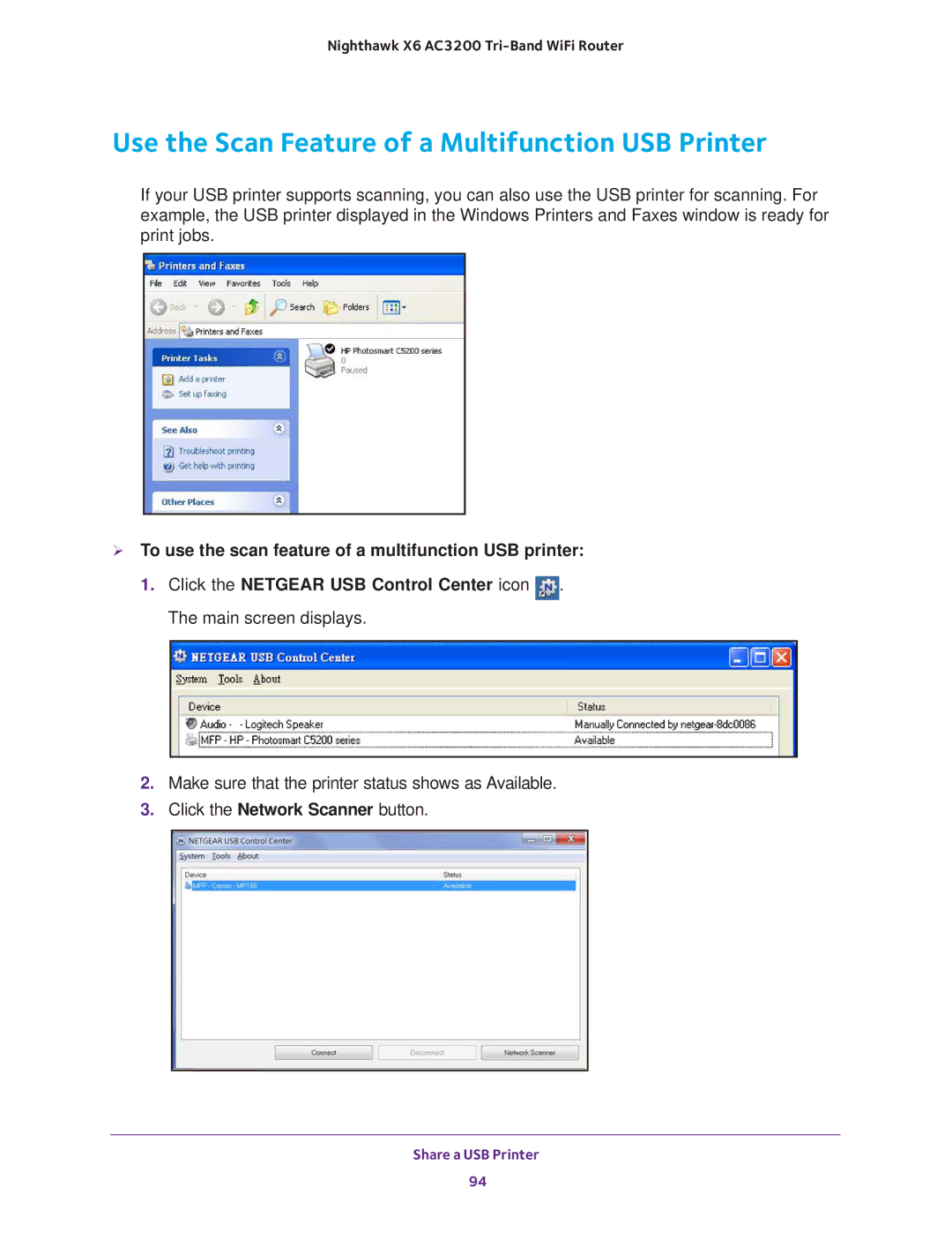 NETGEAR R8000 user manual Use the Scan Feature of a Multifunction USB Printer 