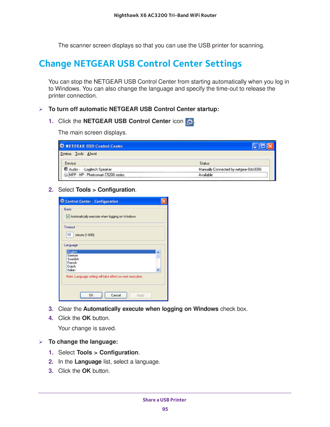 NETGEAR R8000 Change Netgear USB Control Center Settings,  To turn off automatic Netgear USB Control Center startup 