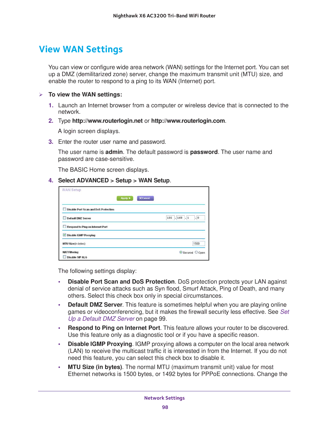 NETGEAR R8000 user manual View WAN Settings,  To view the WAN settings 