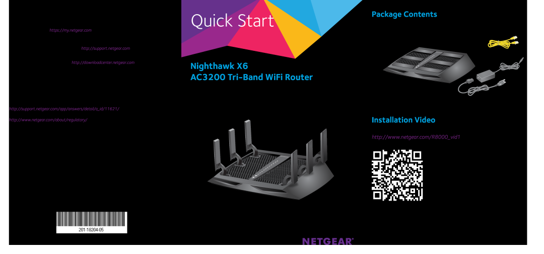NETGEAR R8000 quick start Package Contents, Installation Video, Quick Start, Nighthawk AC3200 Tri-Band WiFi Router 