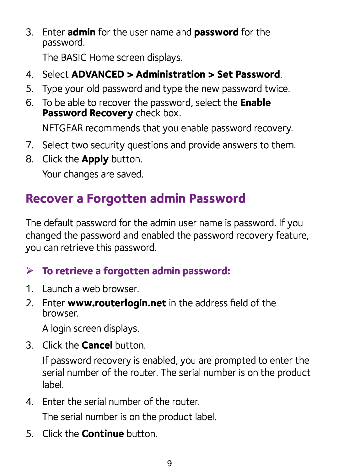 NETGEAR R8000 quick start Recover a Forgotten admin Password, Select ADVANCED Administration Set Password 