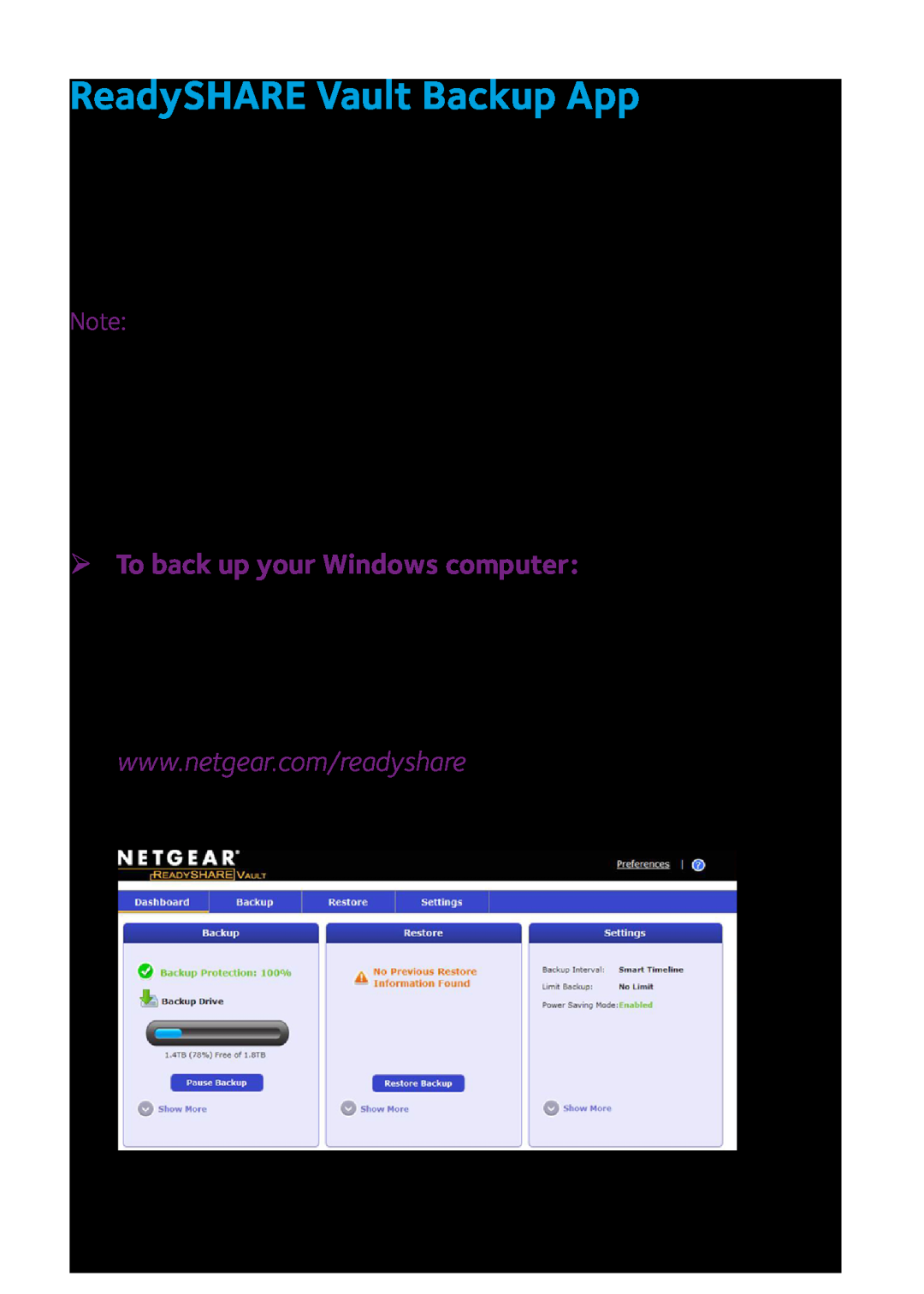 NETGEAR R8000 quick start ReadySHARE Vault Backup App, ¾¾ To back up your Windows computer 