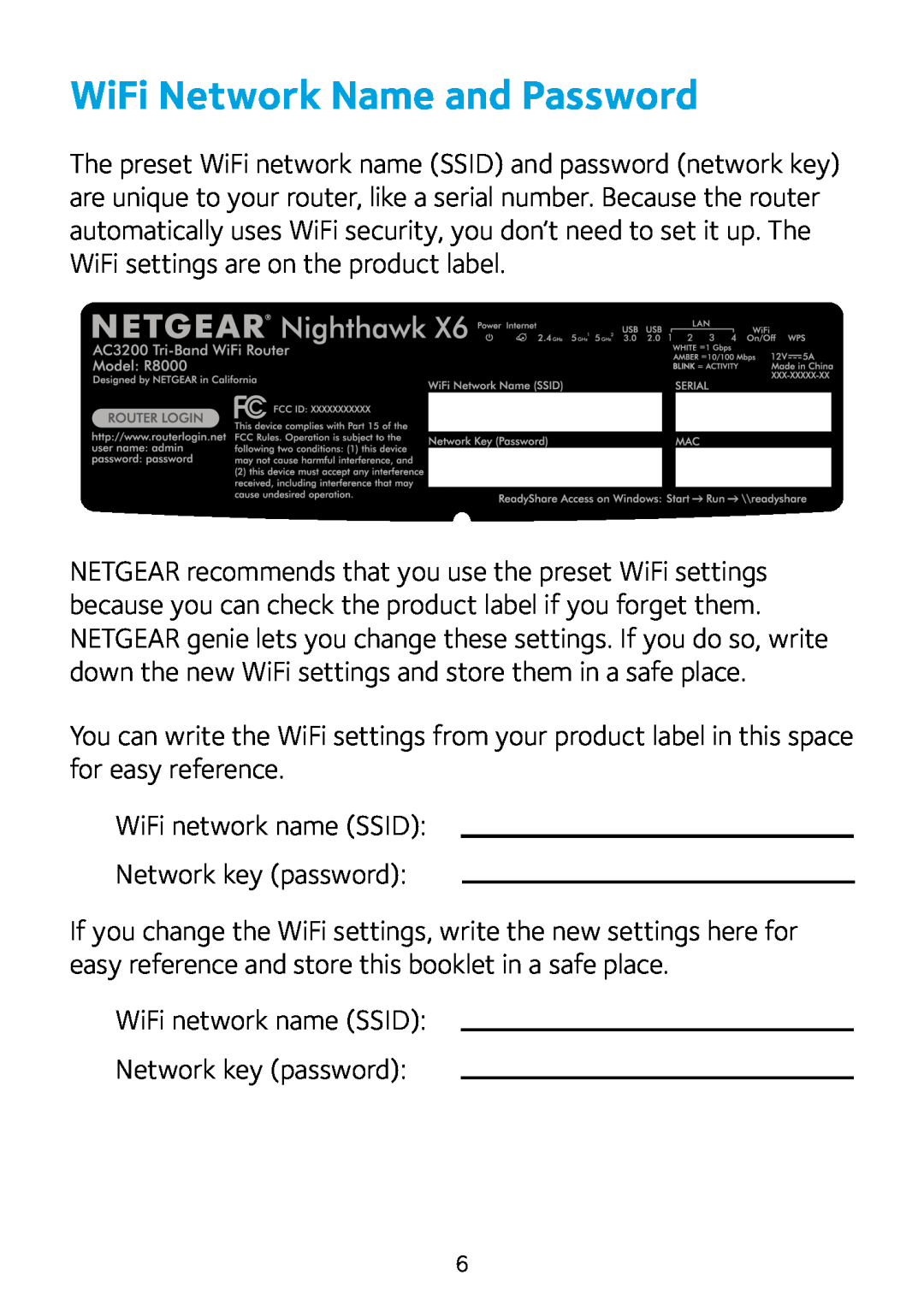 NETGEAR R8000 quick start WiFi Network Name and Password 