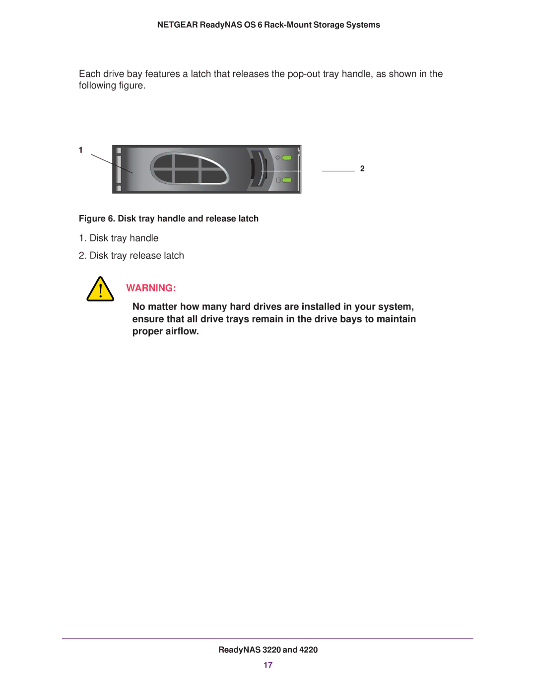 NETGEAR READYNAS 3220, READYNAS 4220, READYNAS 2120 manual Disk tray handle Disk tray release latch 