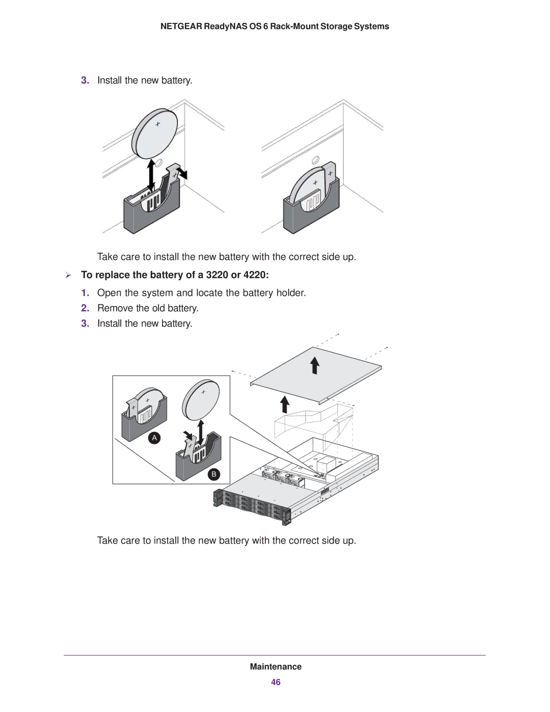 NETGEAR READYNAS 2120, READYNAS 4220, READYNAS 3220 manual  To replace the battery of a 3220 or 