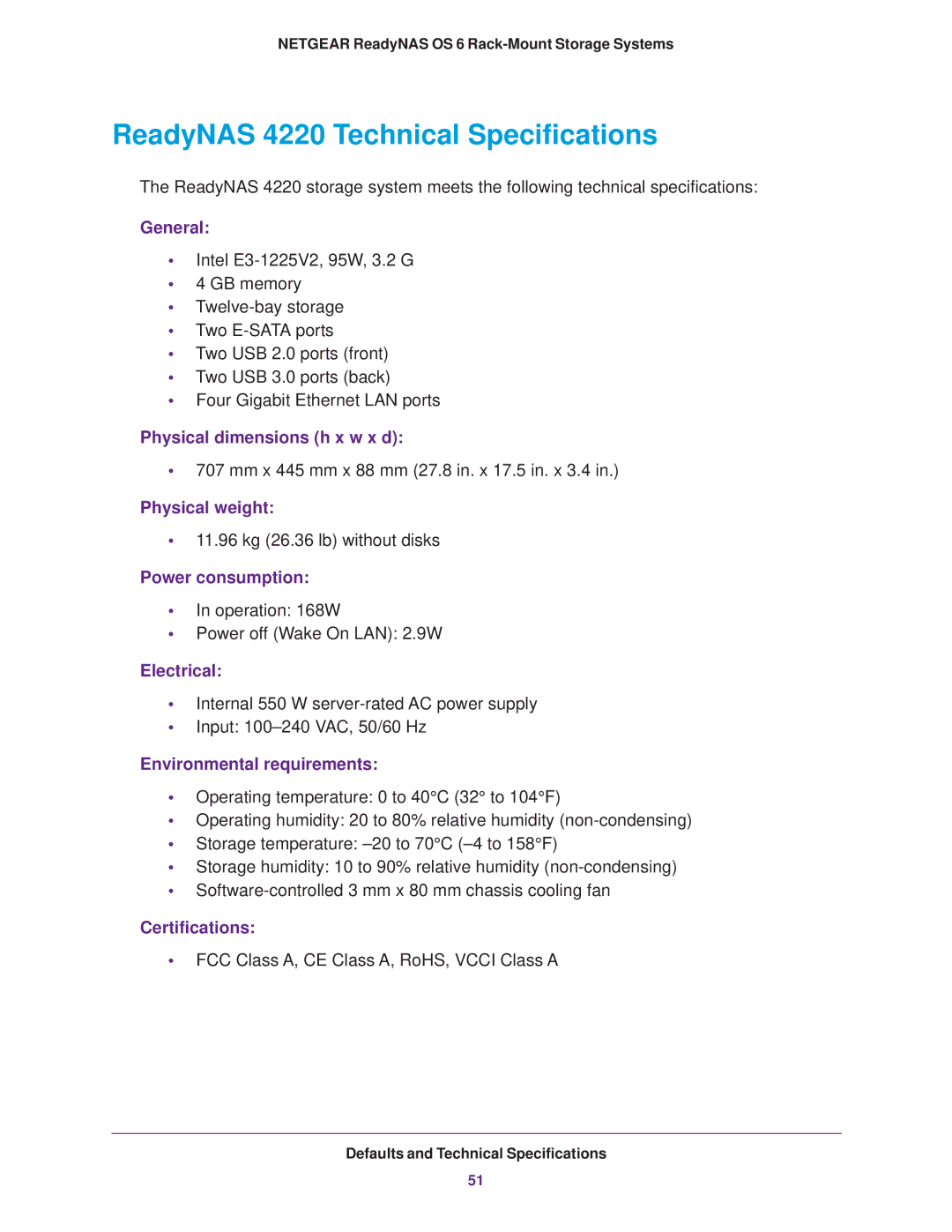 NETGEAR READYNAS 4220, READYNAS 2120, READYNAS 3220 manual ReadyNAS 4220 Technical Specifications 