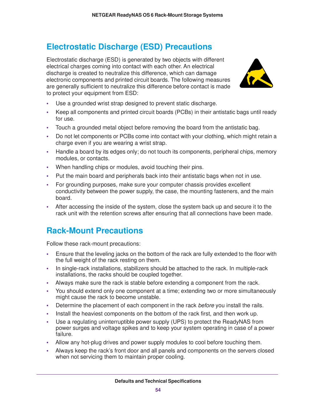 NETGEAR READYNAS 4220, READYNAS 2120, READYNAS 3220 manual Electrostatic Discharge ESD Precautions, Rack-Mount Precautions 