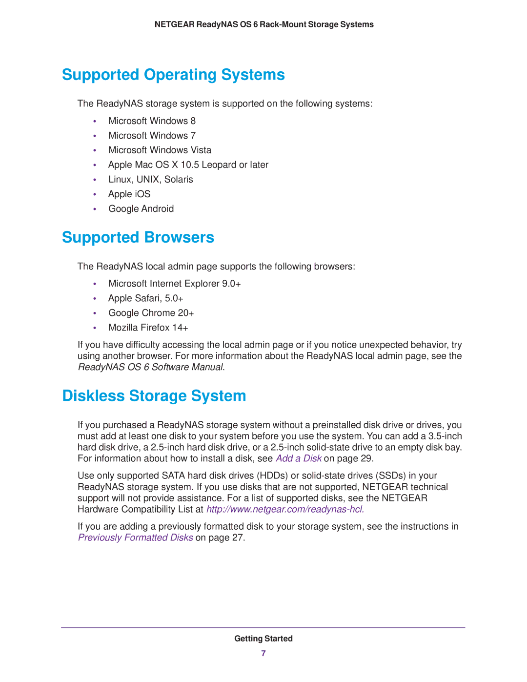 NETGEAR READYNAS 2120, READYNAS 4220 manual Supported Operating Systems, Supported Browsers, Diskless Storage System 