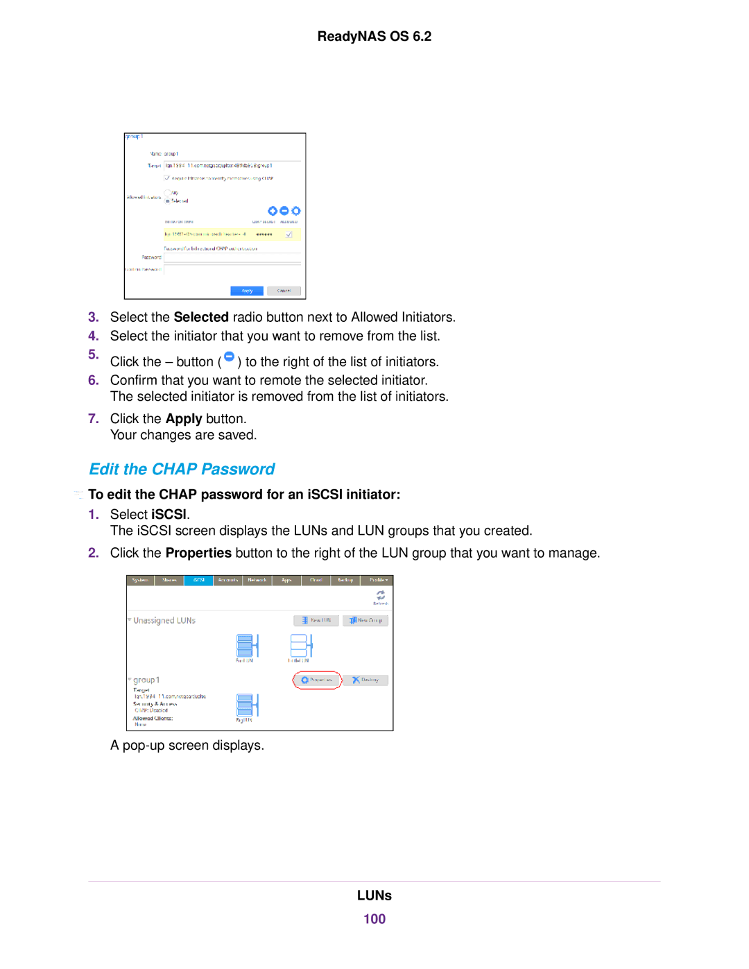 NETGEAR READYNAS 2120, READYNAS 716X, EDA 500 Edit the Chap Password, To edit the Chap password for an iSCSI initiator, 100 