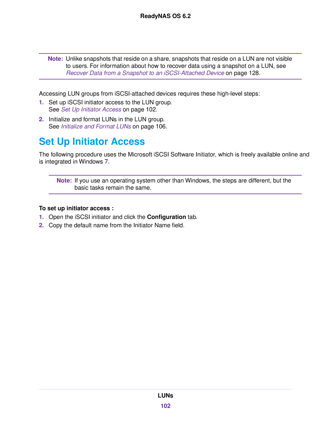 NETGEAR READYNAS 314, READYNAS 716X, READYNAS 4220, READYNAS 516 Set Up Initiator Access, To set up initiator access, 102 