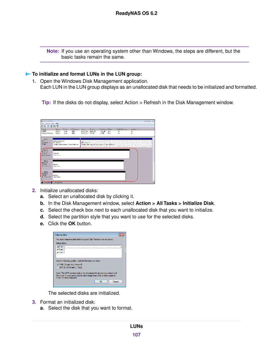 NETGEAR ReadyNAS 2120 v2, READYNAS 716X, READYNAS 4220 ReadyNAS OS To initialize and format LUNs in the LUN group, 107 