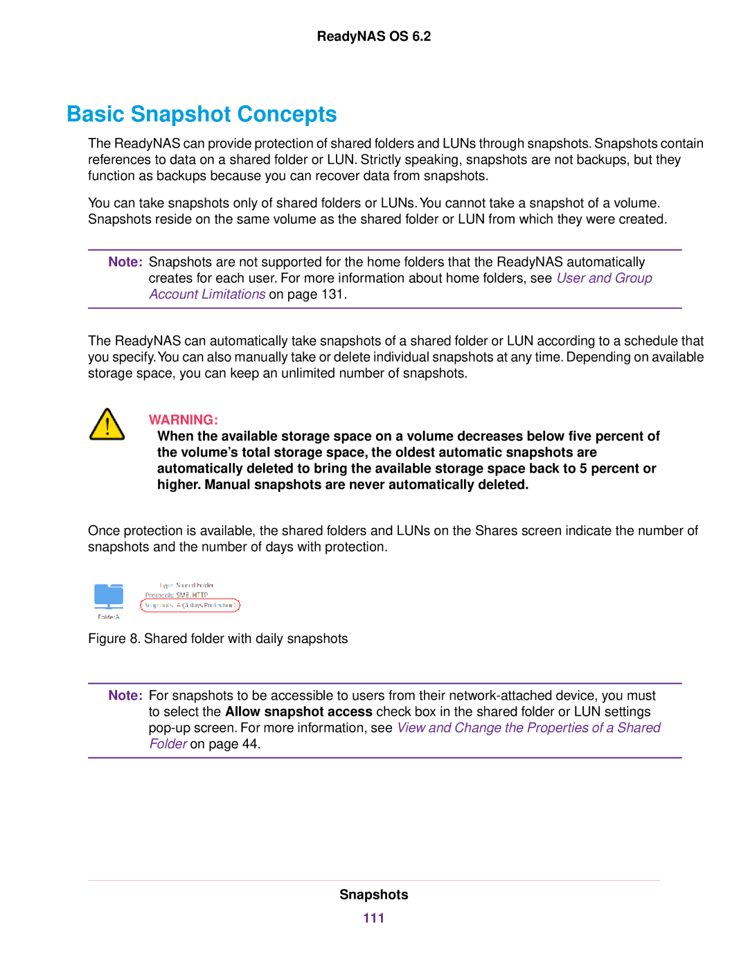 NETGEAR READYNAS 316, READYNAS 716X, READYNAS 4220, READYNAS 516, READYNAS 2120 Basic Snapshot Concepts, Snapshots, 111 