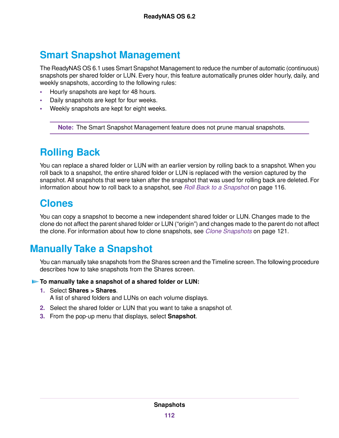 NETGEAR READYNAS 2120, READYNAS 716X Smart Snapshot Management, Rolling Back, Clones, Manually Take a Snapshot, 112 