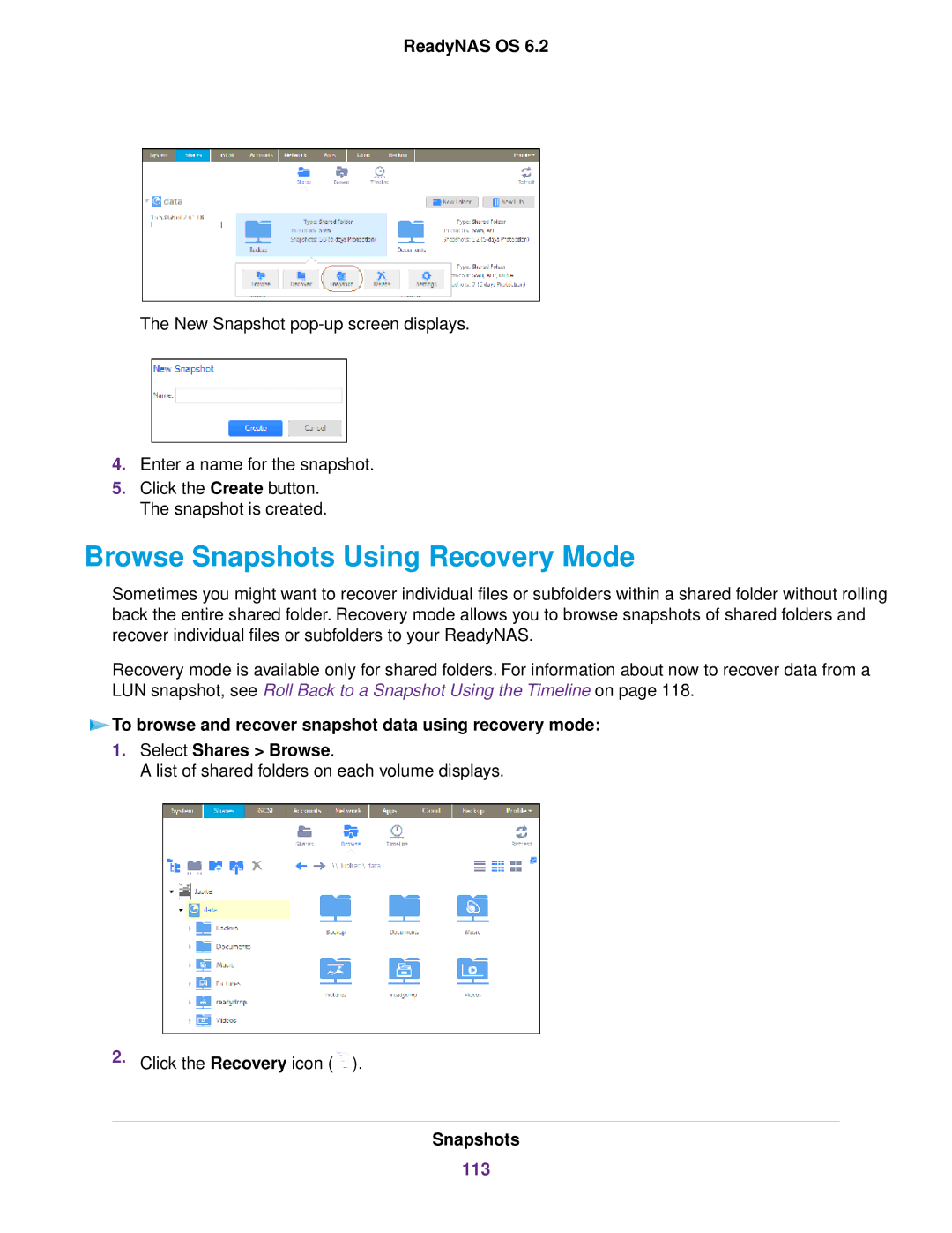 NETGEAR READYNAS 312, READYNAS 716X, READYNAS 4220, READYNAS 516, READYNAS 316 Browse Snapshots Using Recovery Mode, 113 