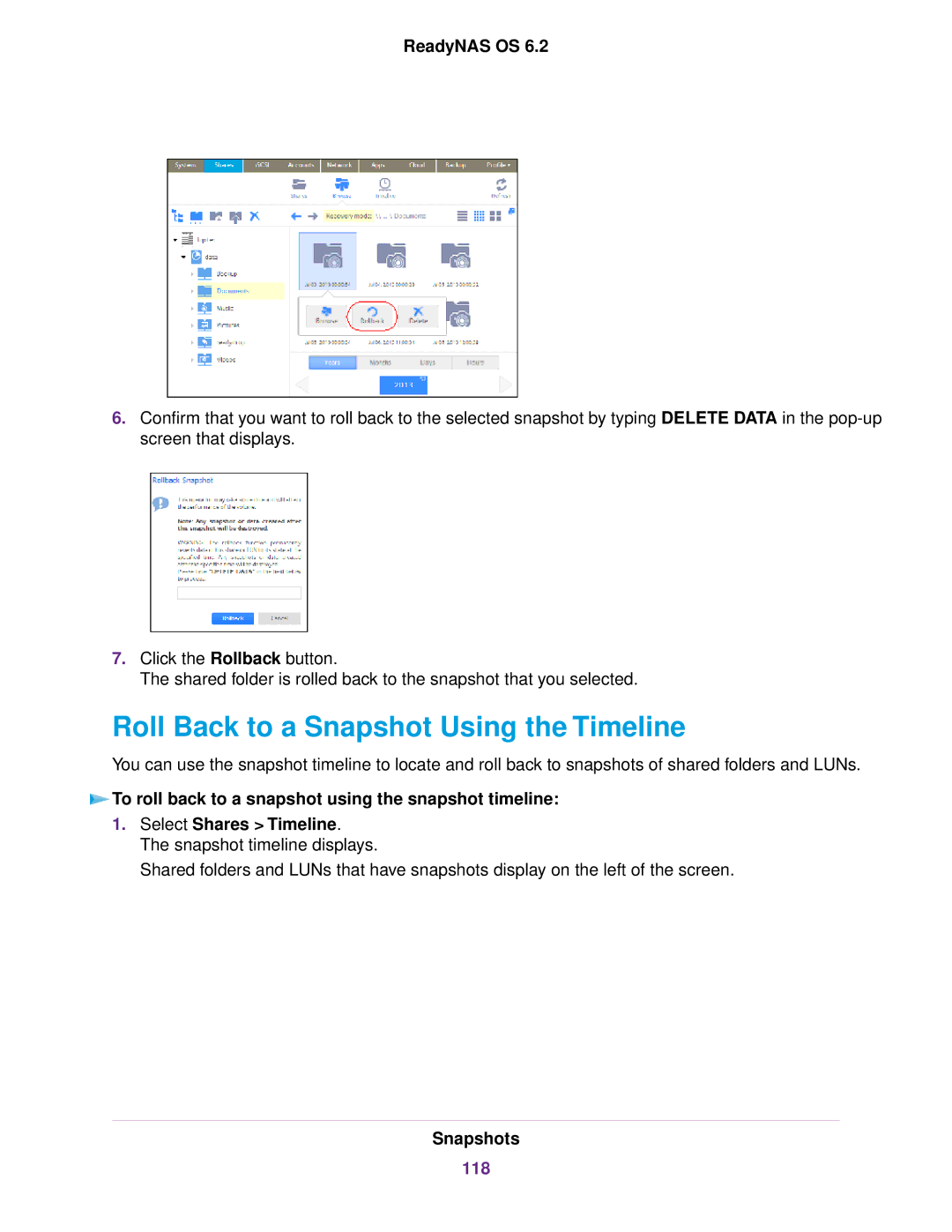 NETGEAR EDA 500 Roll Back to a Snapshot Using the Timeline, To roll back to a snapshot using the snapshot timeline, 118 