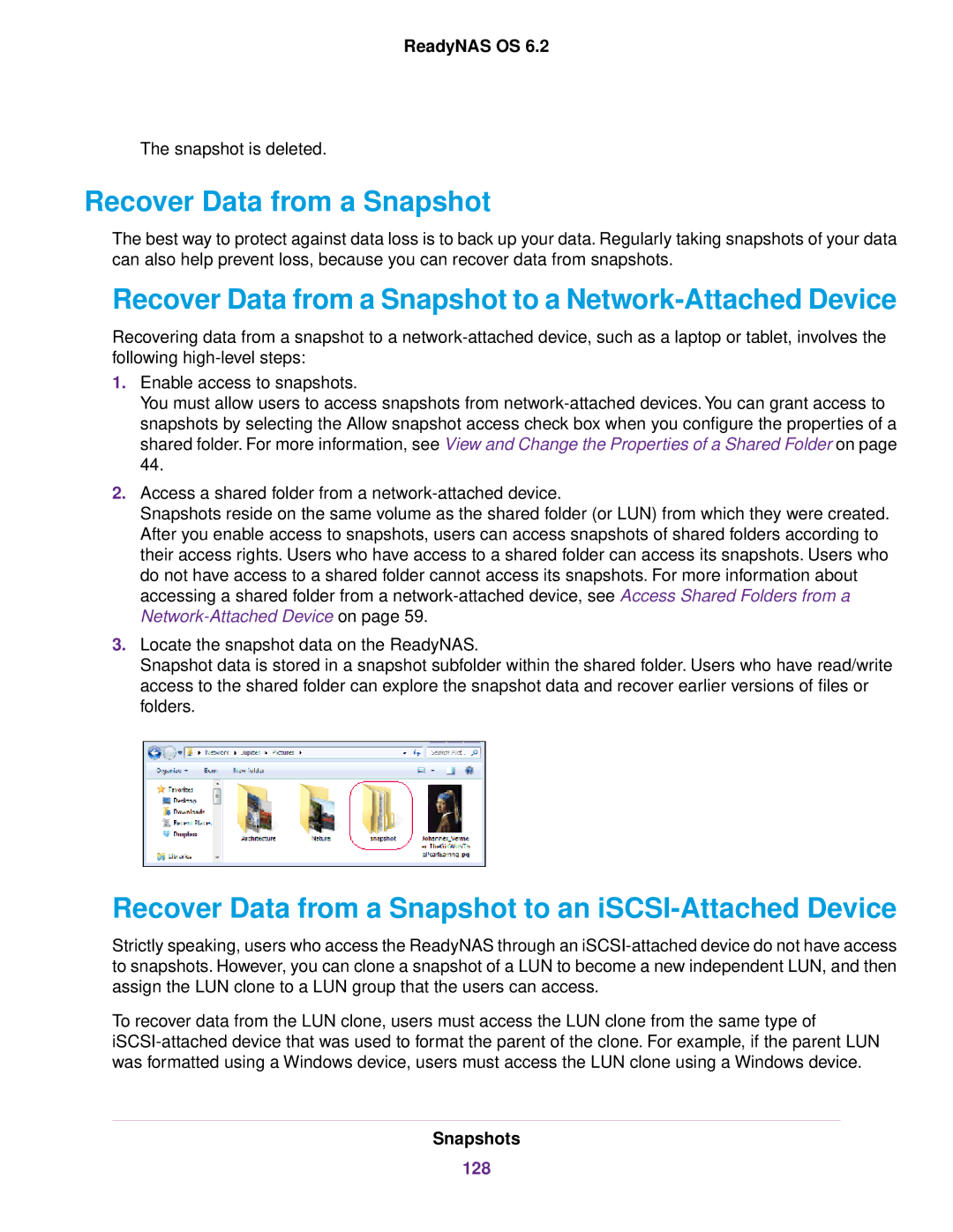 NETGEAR READYNAS 102, READYNAS 716X, READYNAS 4220 Recover Data from a Snapshot to a Network-Attached Device, 128 