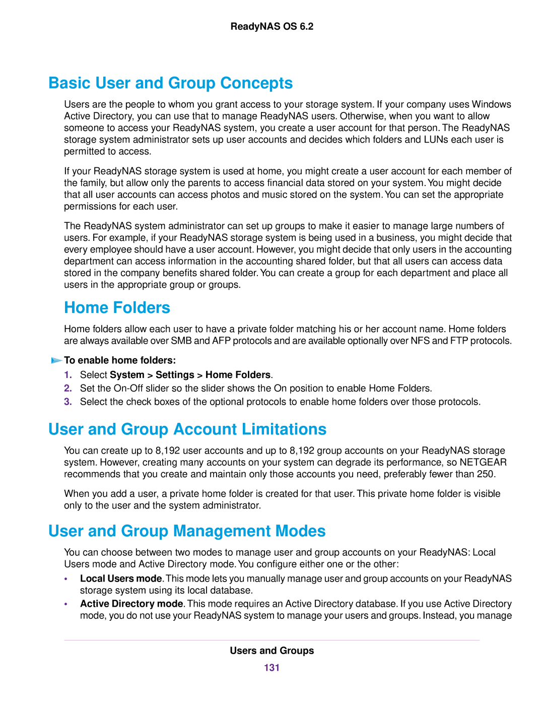 NETGEAR ReadyNAS 2120 v2, EDA 500 Basic User and Group Concepts, Home Folders, User and Group Account Limitations, 131 