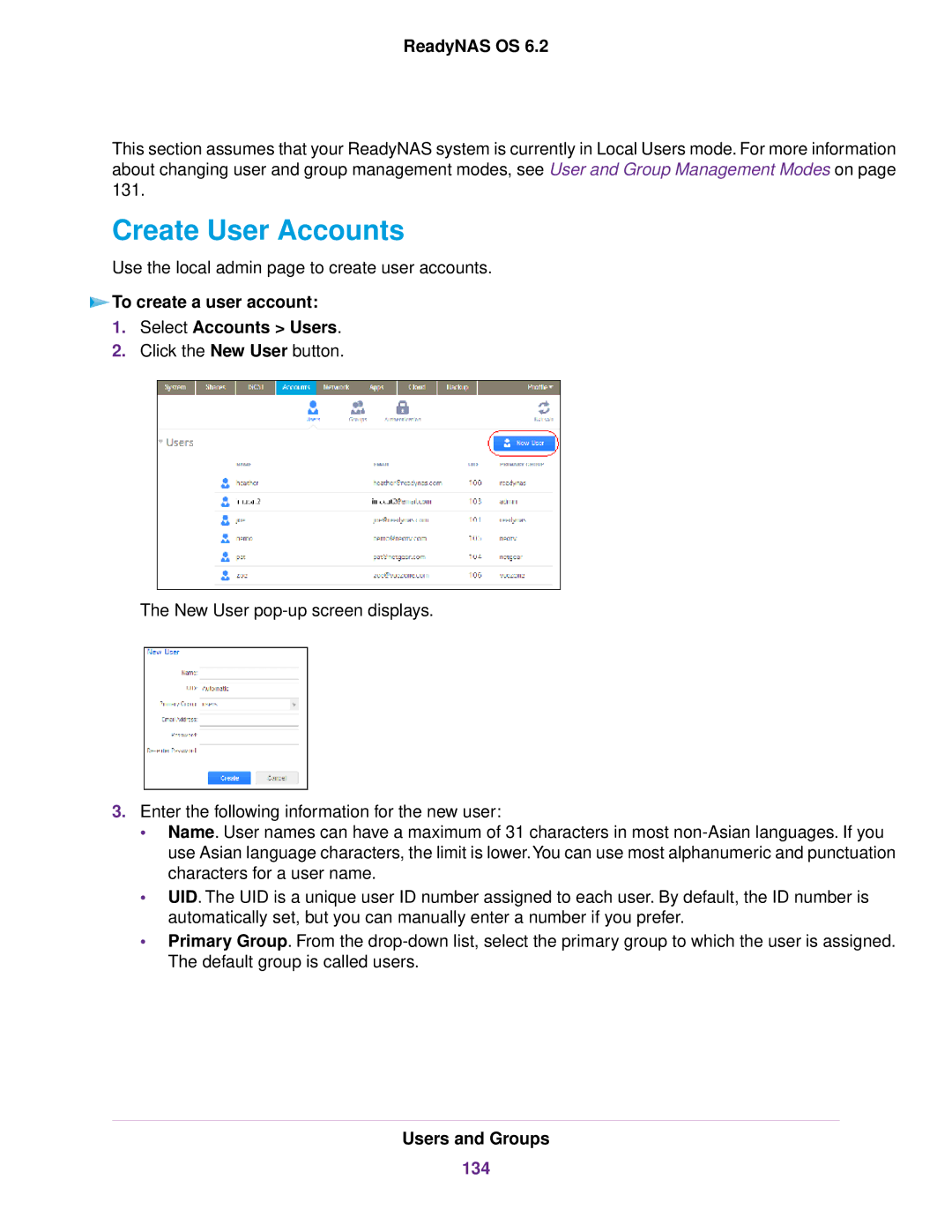 NETGEAR READYNAS 516, READYNAS 716X, READYNAS 316 Create User Accounts, To create a user account Select Accounts Users, 134 