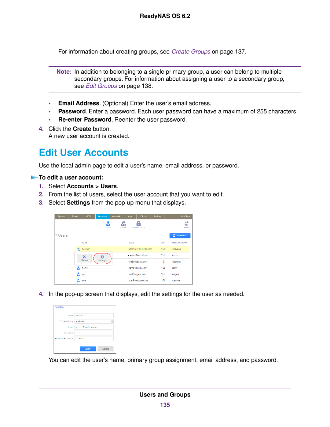 NETGEAR READYNAS 316, READYNAS 716X, READYNAS 4220 Edit User Accounts, To edit a user account Select Accounts Users, 135 