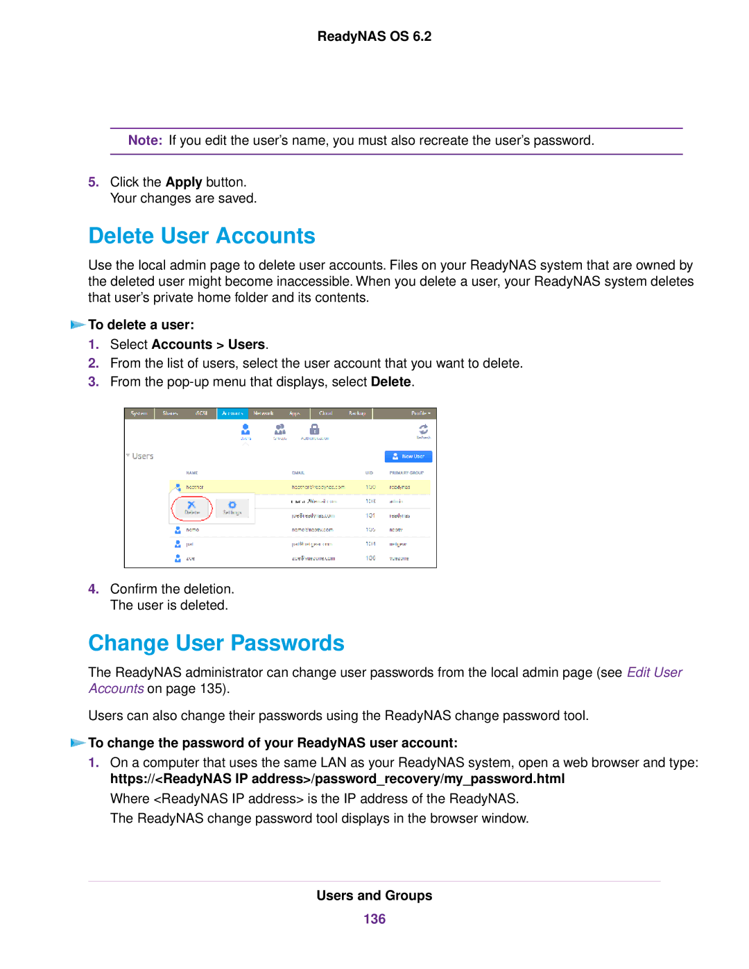 NETGEAR READYNAS 2120, EDA 500 Delete User Accounts, Change User Passwords, To delete a user Select Accounts Users, 136 