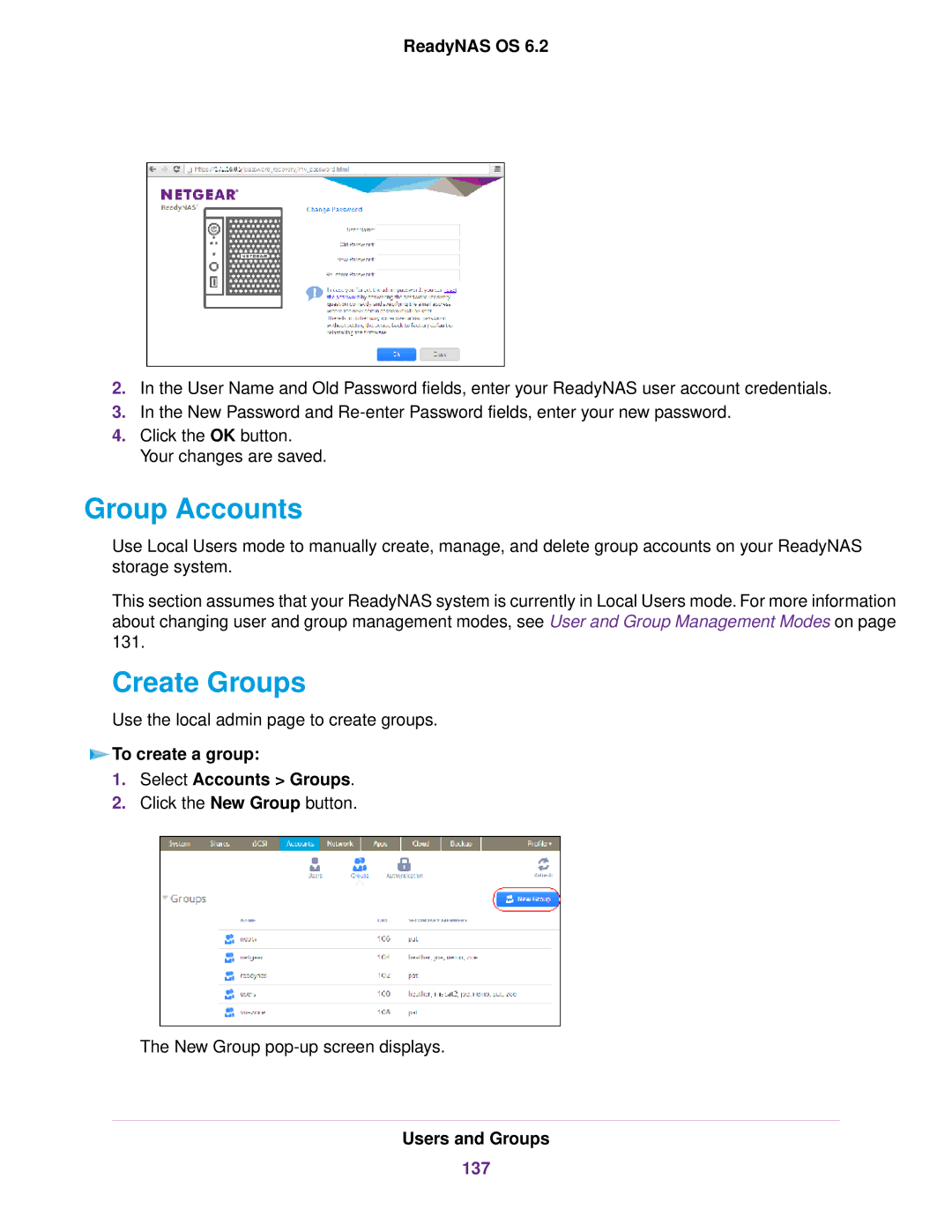 NETGEAR READYNAS 312, READYNAS 716X, EDA 500 Group Accounts, Create Groups, To create a group Select Accounts Groups, 137 