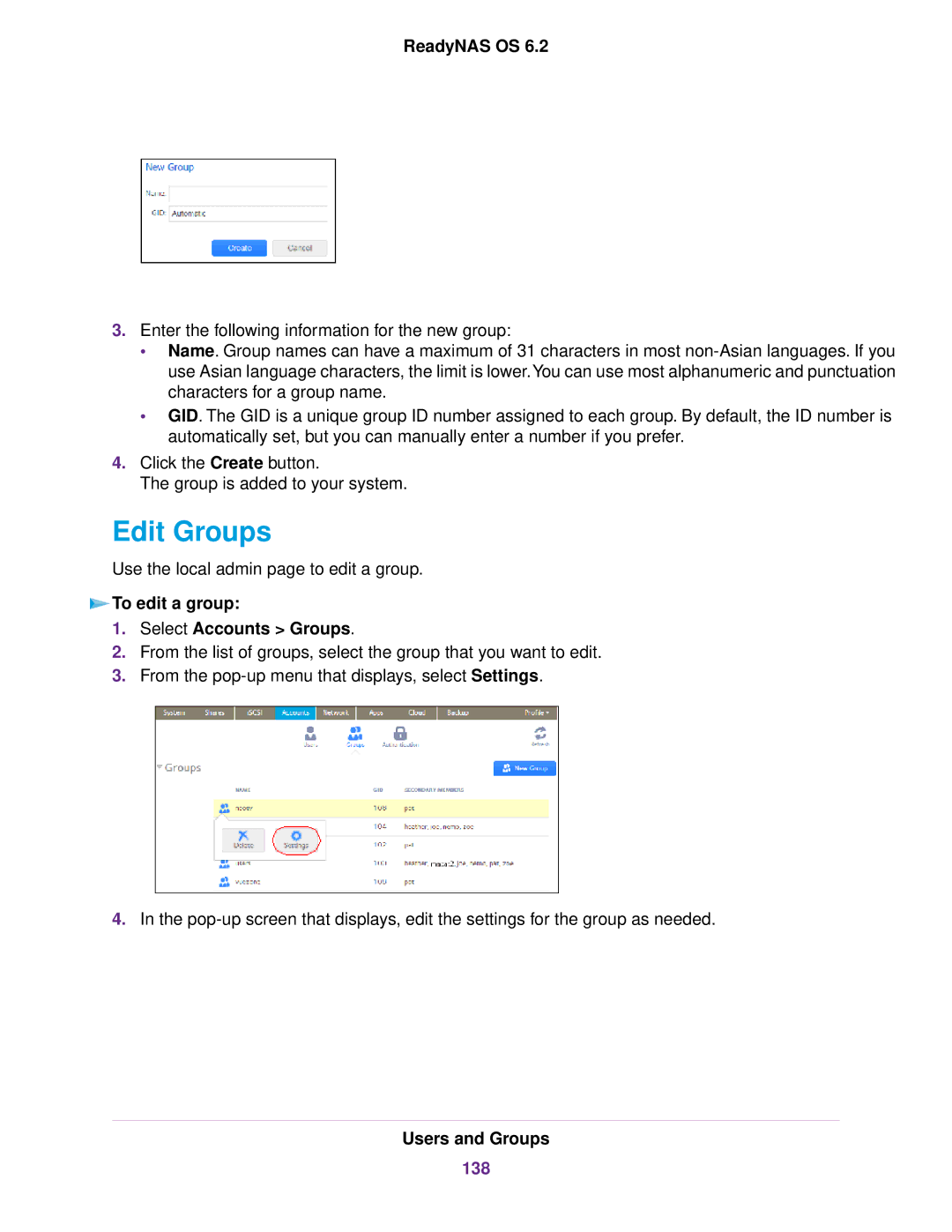 NETGEAR READYNAS 314, READYNAS 716X, READYNAS 4220, READYNAS 516 Edit Groups, To edit a group Select Accounts Groups, 138 