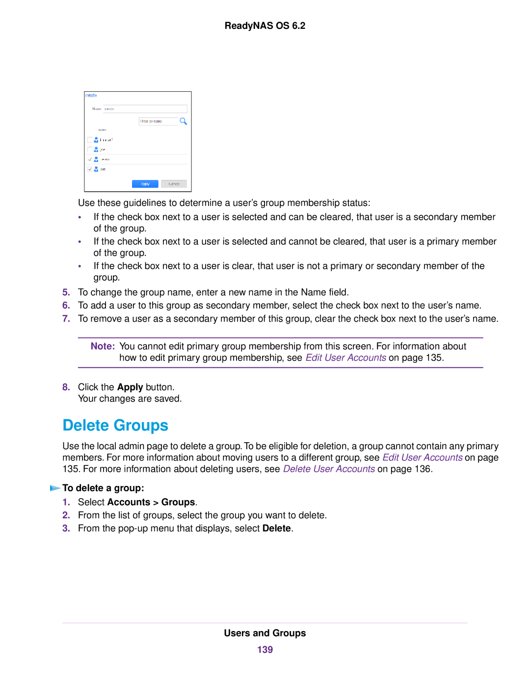 NETGEAR READYNAS 3220, READYNAS 716X, READYNAS 4220, EDA 500 Delete Groups, To delete a group Select Accounts Groups, 139 