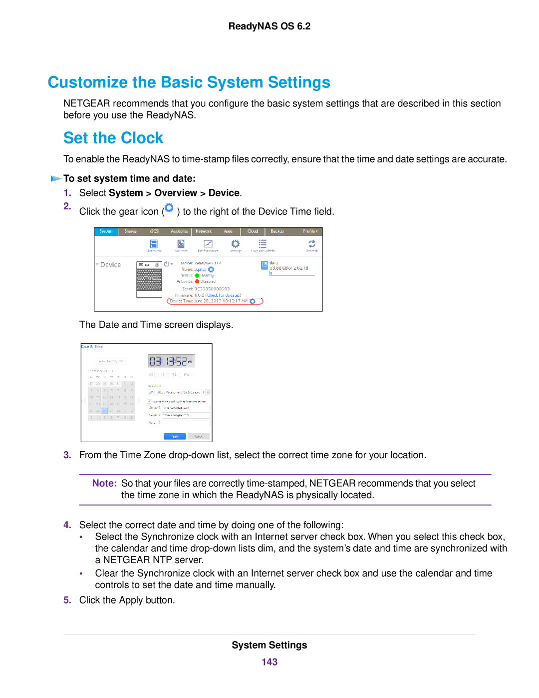 NETGEAR ReadyNAS 2120 v2, READYNAS 716X, READYNAS 4220, READYNAS 516 Customize the Basic System Settings, Set the Clock, 143 