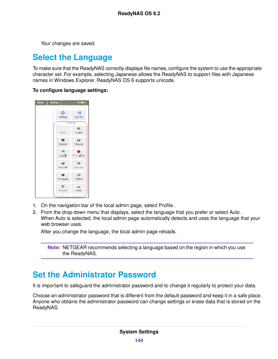 NETGEAR READYNAS 716X, EDA 500 Select the Language, Set the Administrator Password, To configure language settings, 144 